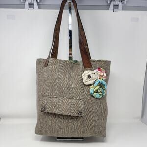 Y2K‎ Handmade Reversible Tote Bag Brown Tweed Blue Flowers Buttons Leather Belt